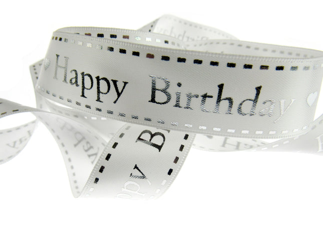 Happy Birthday Ribbon White Satin by Berties Bows - 3m x 25mm Ribbon Metallic