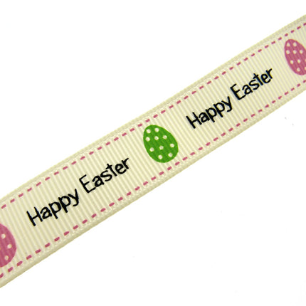 Easter Ribbon by Berties Bows- 3m x Cream Happy Easter Message with Eggs BTB080