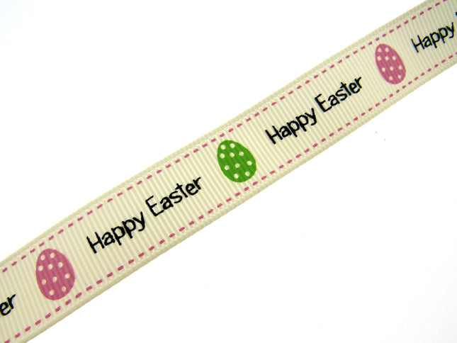 Easter Ribbon by Berties Bows- 3m x Cream Happy Easter Message with Eggs BTB080