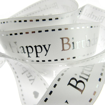 Happy Birthday Ribbon White Satin by Berties Bows - 3m x 25mm Ribbon Metallic