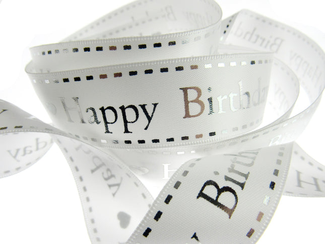 Happy Birthday Ribbon White Satin by Berties Bows - 3m x 25mm Ribbon Metallic