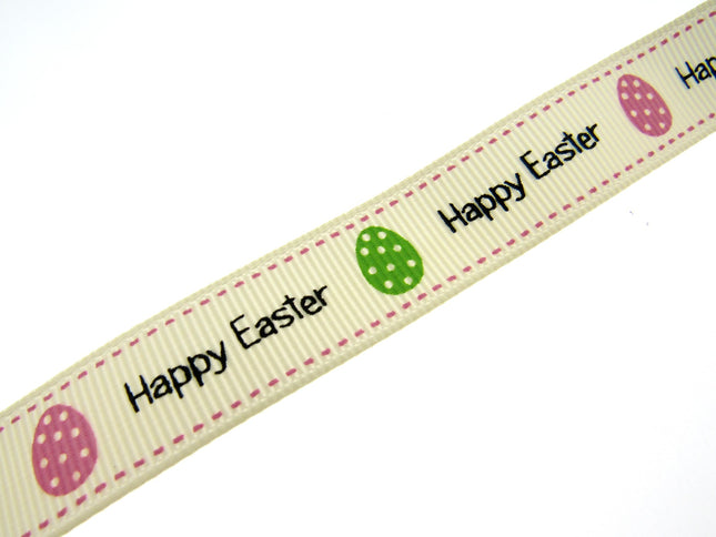 Easter Ribbon by Berties Bows- 3m x Cream Happy Easter Message with Eggs BTB080
