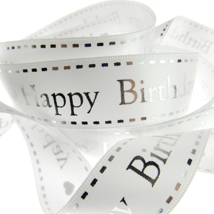 Happy Birthday Ribbon White Satin by Berties Bows - 3m x 25mm Ribbon Metallic