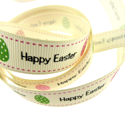 Easter Ribbon by Berties Bows- 3m x Cream Happy Easter Message with Eggs BTB080