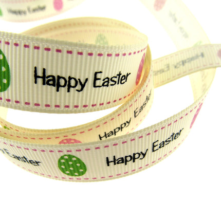 Easter Ribbon by Berties Bows- 3m x Cream Happy Easter Message with Eggs BTB080