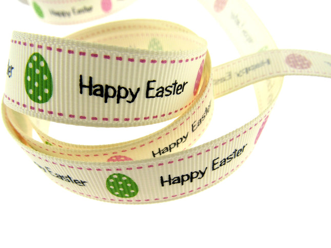 Easter Ribbon by Berties Bows- 3m x Cream Happy Easter Message with Eggs BTB080