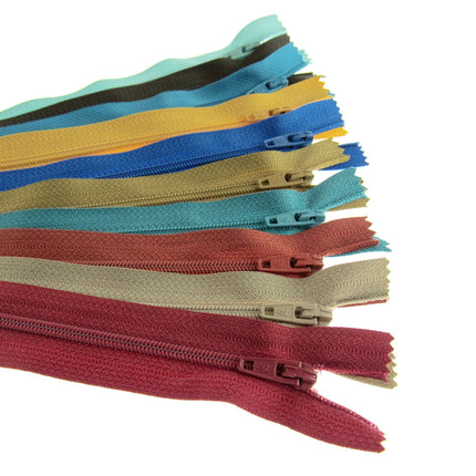 Nylon Closed End Zips - Egyptian Sample Mix - 10 Pack - 10 Sizes - 6" - 22" - ThreadandTrimmings