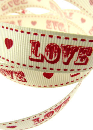 Valentines Ribbon by Berties Bows - 3m x Cream LOVE Message Red Heart  BTB084