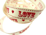 3m x Cream "LOVE with Red Heart" Valentines 16mm Ribbon by Berties Bows BTB084