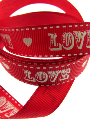 Red Valentines Ribbon by Berties Bows - 3m x RED LOVE Message with Heart BTB085
