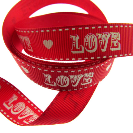 Red Valentines Ribbon by Berties Bows - 3m x RED LOVE Message with Heart BTB085