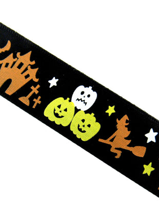 Black Satin Halloween Ribbon Graveyard & Flying Witch - 3m x 25mm - 55027