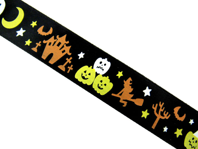 Black Satin Halloween Ribbon Graveyard & Flying Witch - 3m x 25mm - 55027