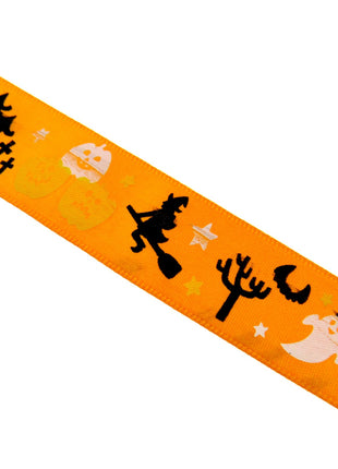 Orange Satin Halloween Ribbon With BOO, Ghosts & Flying Witch -3m x 25mm - 55028