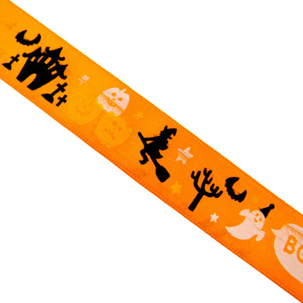 Orange Satin Halloween Ribbon With BOO, Ghosts & Flying Witch -3m x 25mm - 55028