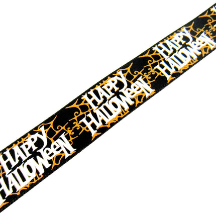 3m x 15mm Black Satin HAPPY Halloween Ribbon with Orange Spider Web 55096 - ThreadandTrimmings