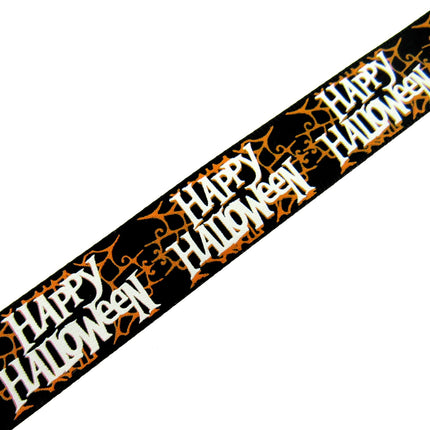 3m x 15mm Black Satin HAPPY Halloween Ribbon with Orange Spider Web 55096 - ThreadandTrimmings
