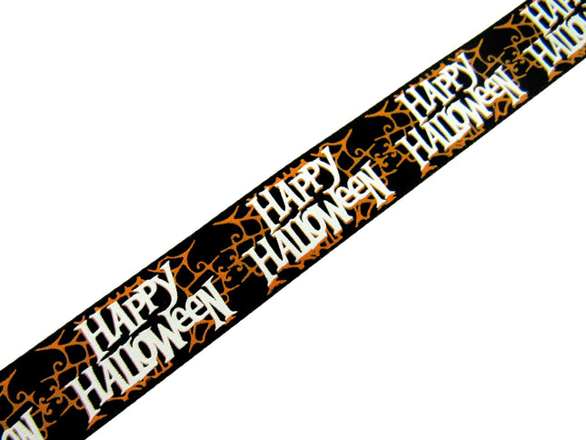 3m x 15mm Black Satin HAPPY Halloween Ribbon with Orange Spider Web 55096 - ThreadandTrimmings