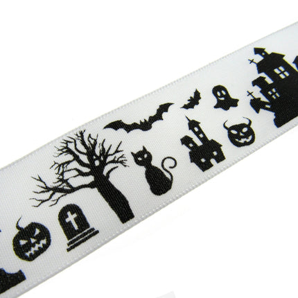 3m x White Halloween Ribbon with Haunted House, Witches & Tombstone 25mm  55084