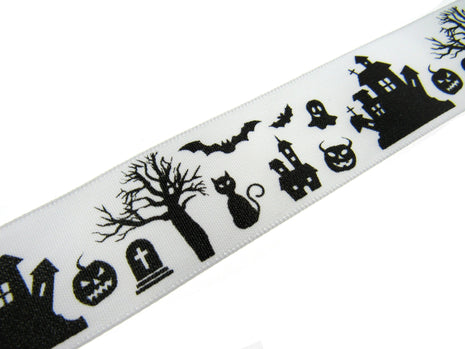 3m x White Halloween Ribbon with Haunted House, Witches & Tombstone 25mm  55084