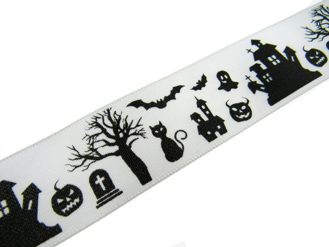 3m x White Halloween Ribbon with Haunted House, Witches & Tombstone 25mm  55084