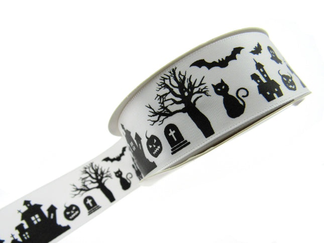 3m x White Halloween Ribbon with Haunted House, Witches & Tombstone 25mm  55084