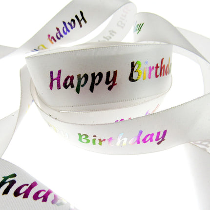 Happy Birthday Ribbon Printed in Variegated Colours on White Satin Ribbon - 23mm