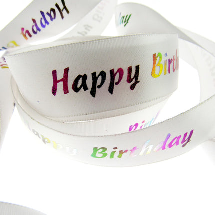 Happy Birthday Ribbon Printed in Variegated Colours on White Satin Ribbon - 23mm