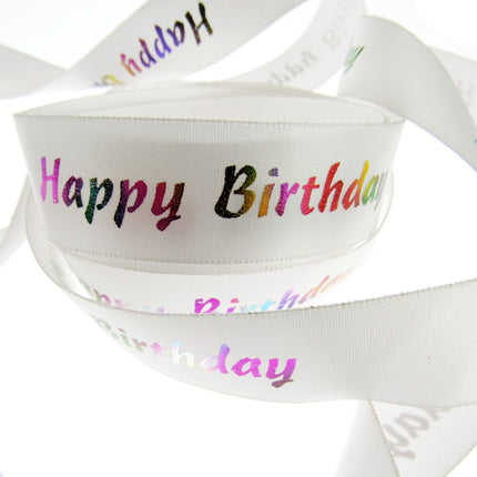 Happy Birthday Ribbon Printed in Variegated Colours on White Satin Ribbon - 23mm