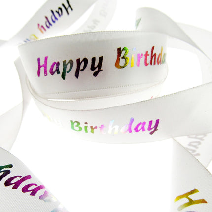 Happy Birthday Ribbon Printed in Variegated Colours on White Satin Ribbon - 23mm