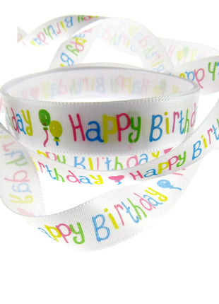 Happy Birthday Ribbon -White Single Sided Satin Ribbon with Woven Edge 15mm/25mm - ThreadandTrimmings