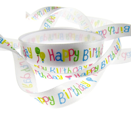 Happy Birthday Ribbon -White Single Sided Satin Ribbon with Woven Edge 15mm/25mm - ThreadandTrimmings
