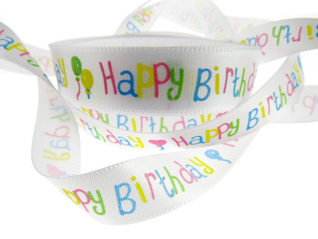 Happy Birthday Ribbon -White Single Sided Satin Ribbon with Woven Edge 15mm/25mm - ThreadandTrimmings