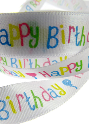 Happy Birthday Ribbon -White Single Sided Satin Ribbon with Woven Edge 15mm/25mm - ThreadandTrimmings