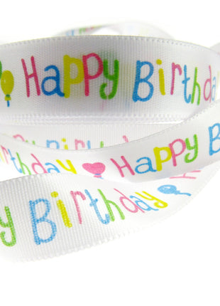 Happy Birthday Ribbon -White Single Sided Satin Ribbon with Woven Edge 15mm/25mm - ThreadandTrimmings