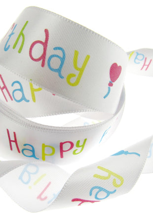 Happy Birthday Ribbon -White Single Sided Satin Ribbon with Woven Edge 15mm/25mm - ThreadandTrimmings