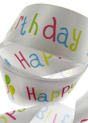 Happy Birthday Ribbon -White Single Sided Satin Ribbon with Woven Edge 15mm/25mm - ThreadandTrimmings