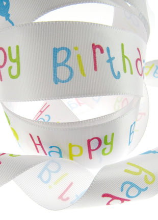 Happy Birthday Ribbon -White Single Sided Satin Ribbon with Woven Edge 15mm/25mm - ThreadandTrimmings