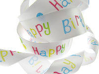 Happy Birthday Ribbon -White Single Sided Satin Ribbon with Woven Edge 15mm/25mm