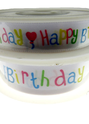 Happy Birthday Ribbon -White Single Sided Satin Ribbon with Woven Edge 15mm/25mm - ThreadandTrimmings