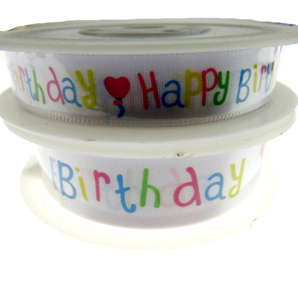 Happy Birthday Ribbon -White Single Sided Satin Ribbon with Woven Edge 15mm/25mm - ThreadandTrimmings