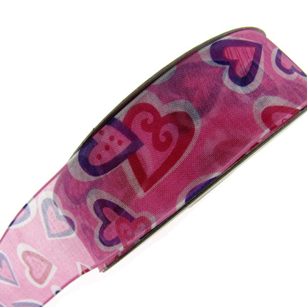 Wired Edge Organza Ribbon with Pink & Purple Love Hearts - 5m x 38mm 5467.39