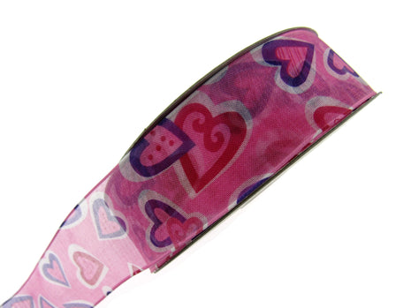Wired Edge Organza Ribbon with Pink & Purple Love Hearts - 5m x 38mm 5467.39