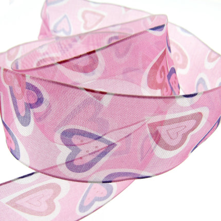 Wired Edge Organza Ribbon with Pink & Purple Love Hearts - 5m x 38mm 5467.39