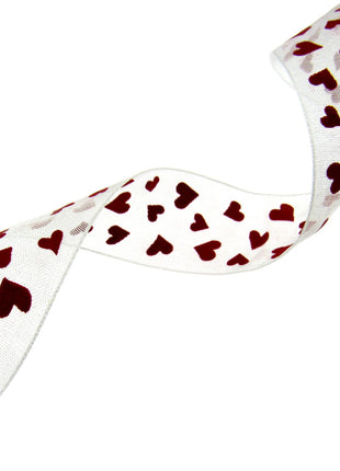 Heart Organza Ribbon with Red Love Hearts for Valentines Day - 5m x 25mm