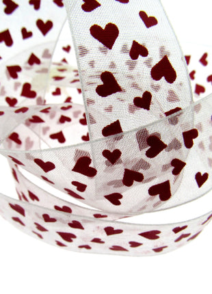 Heart Organza Ribbon with Red Love Hearts for Valentines Day - 5m x 25mm