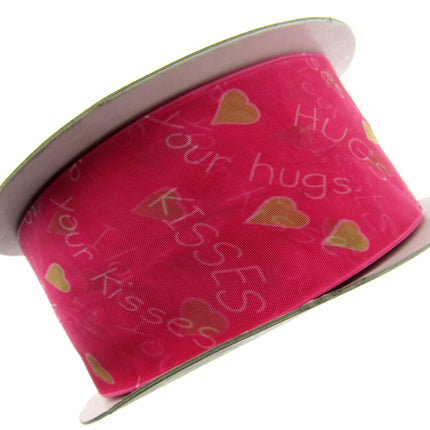 5m x 50mm Fuchsia Organza Ribbon with Love Hearts, I Love You & Hugs and Kisses