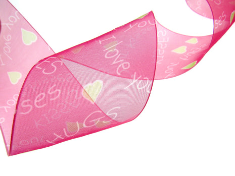 5m x 50mm Fuchsia Organza Ribbon with Love Hearts, I Love You & Hugs and Kisses