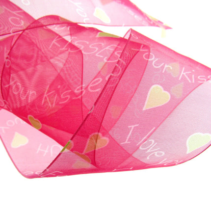5m x 50mm Fuchsia Organza Ribbon with Love Hearts, I Love You & Hugs and Kisses