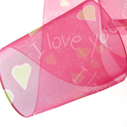 5m x 50mm Fuchsia Organza Ribbon with Love Hearts, I Love You & Hugs and Kisses